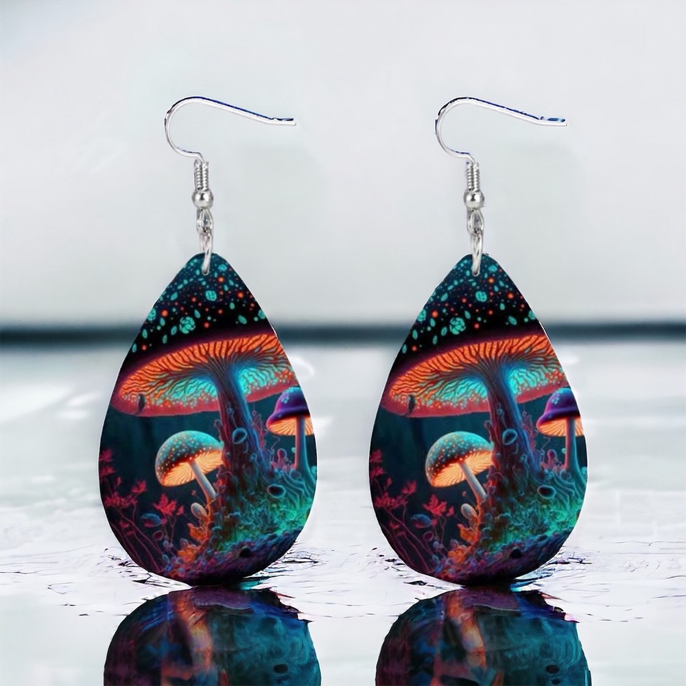Luminous Mushroom Print Teardrop Shape Dangle Earrings Elegant Ocean Style PU Le
